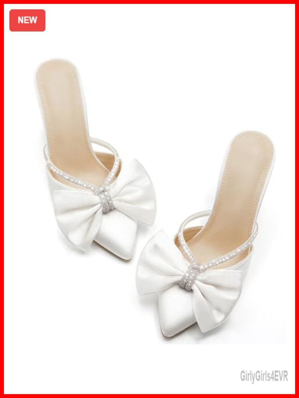 Satin Pointed Toe Mule Heels with Rhinestone Bow Wedding Shoes
